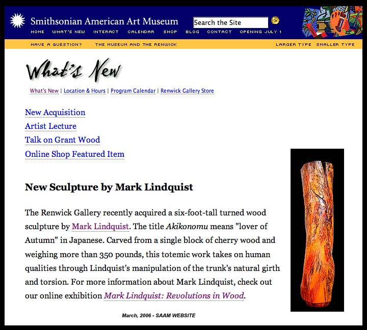 SMITHSONIAN AMERICAN ART MUSEUM ACQUIRES MARK LINDQUIST WOOD SCULPTURE - GIFT TO RENWICK GALLERY BY JANE AND ARTHUR MASON