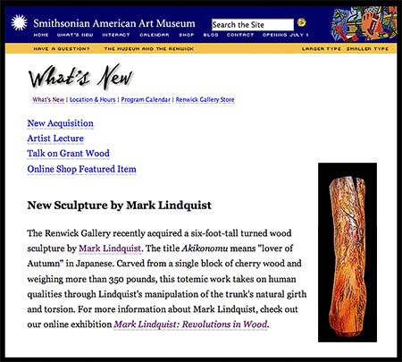 SMITHSONIAN AMERICAN ART MUSEUM ACQUIRES MARK LINDQUIST WOOD SCULPTURE: AKIKONOMU - CLICK FOR DETAILS